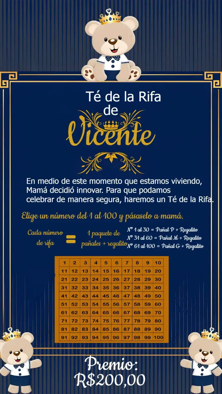 Invitación Té Rifa Osito Príncipe Azul – tema Té Rifa azul, dorado, blanco, oso de peluche, infantil, delicado