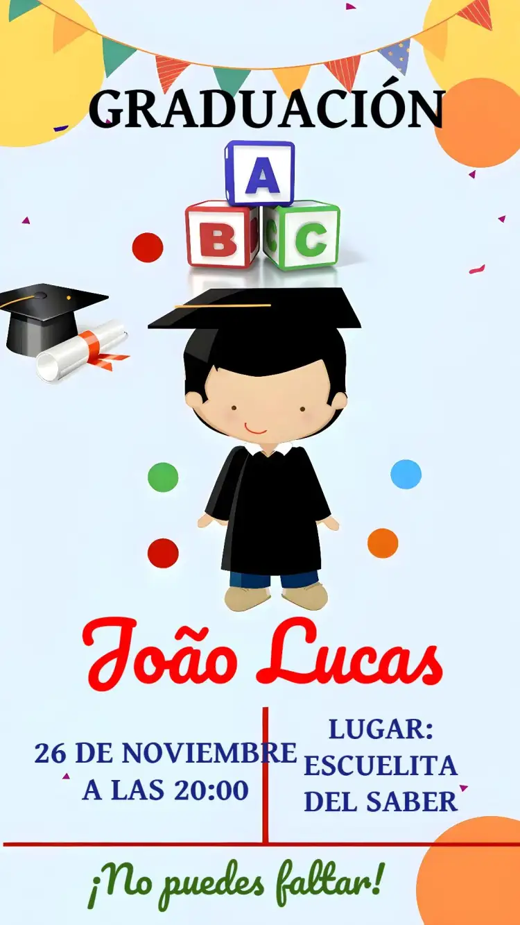 Invitación Graduación Infantil Colorida – tema Graduación colorido, lúdico, divertido, creativo, infantil