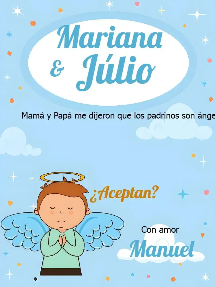 Invitación Padrinos De Bautismo Azul – tema Bautismo azul claro, dorado, blanco, ángeles, minimalista, religioso