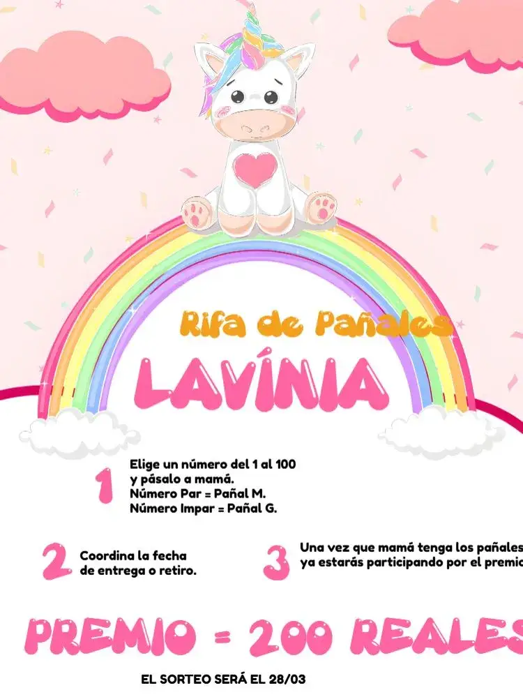 Invitación Té Rifa Unicornio Nube – tema Té Rifa fantasía, colorido, lúdico, infantil, arcoíris, divertido