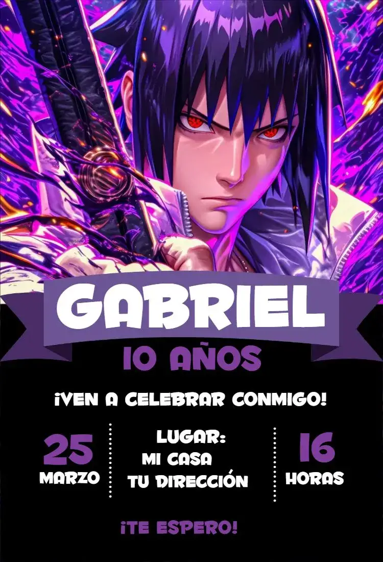 Invitación Sasuke 1 – tema Cumpleaños Infantil temática Naruto, colores vibrantes, diseño divertido, elementos gráficos de anime, estilo moderno, fiesta infantil
