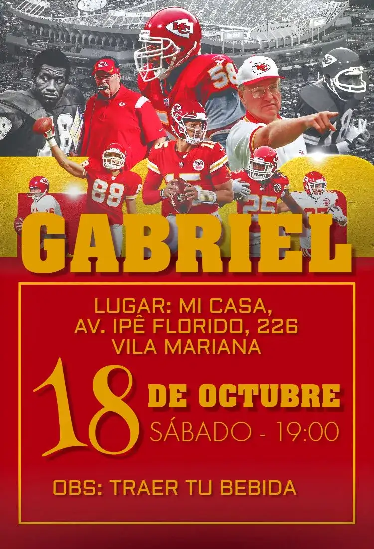 Invitación Kansas City Chiefs NFL – tema Cumpleaños deportivo, vibrante, moderno, colorido, dinámico