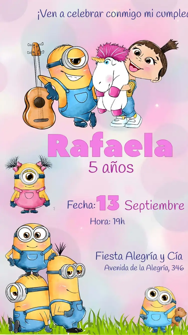 Invitación Minions Chica – tema Más buscados rosa, divertido, lúdico, moderno, infantil, colorido