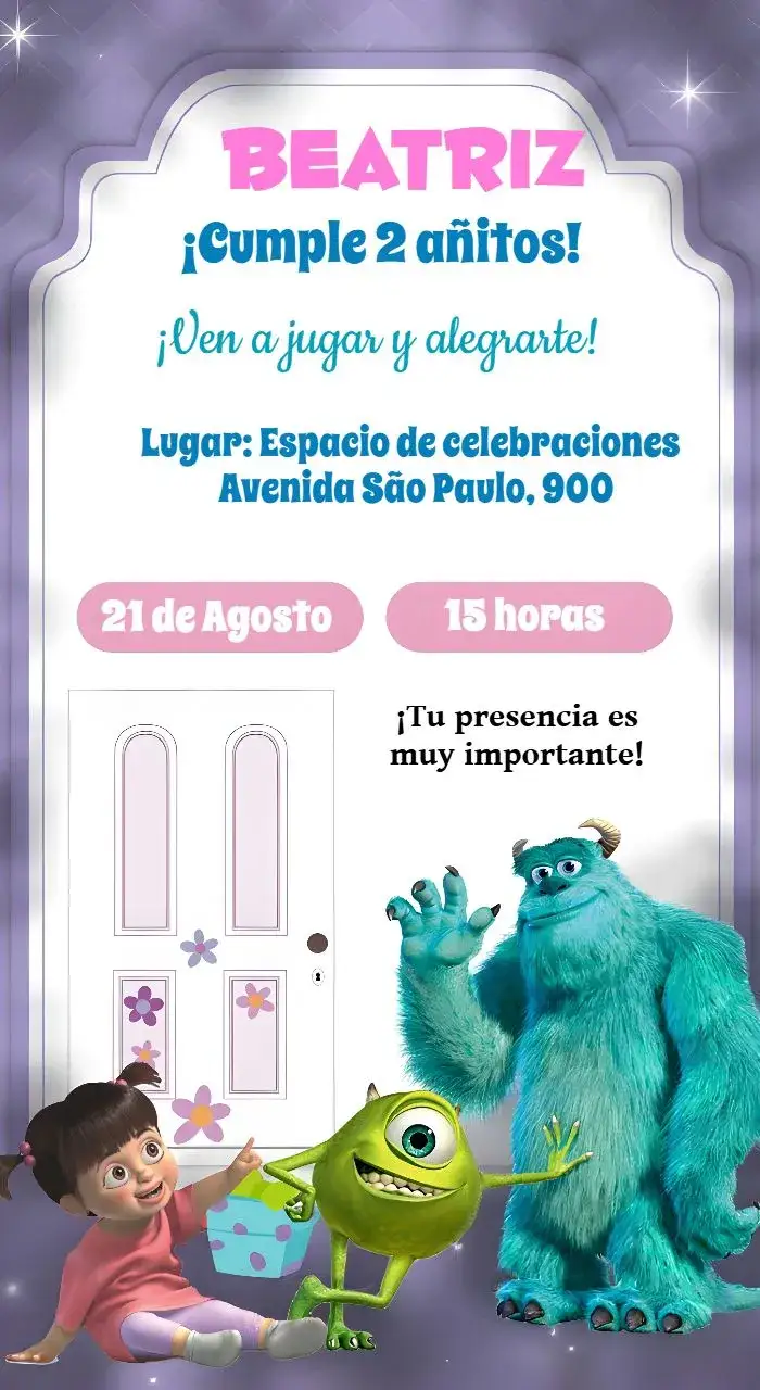 Invitación Monstruos S.A. Boo Rosa – tema Más buscados colorido, divertido, temático, infantil, moderno
