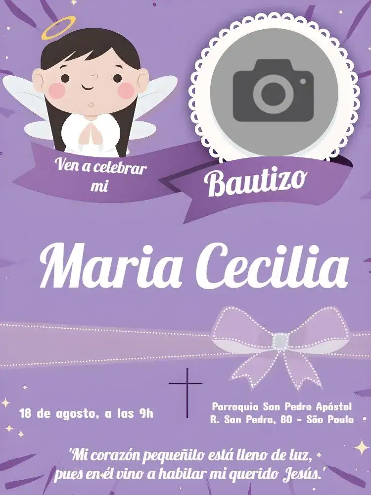 Invitación Bautizo Con Foto Lila – tema Bautismo lila, morado, ángel, delicado, infantil, moderno