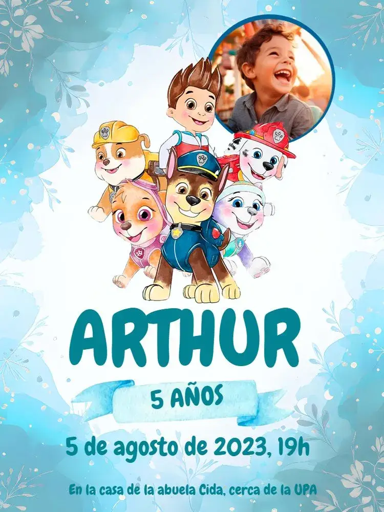 Invitación Patrulla Canina Niño con Foto Infantil