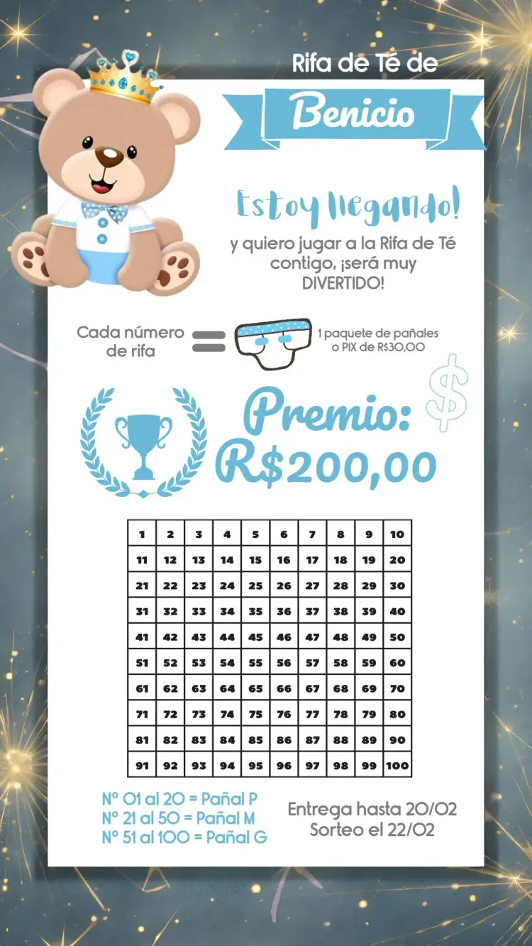 Invitación Chá Rifa Oso Príncipe Pañal