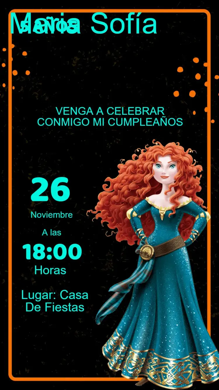 Invitación Invitación Cumpleaños Princesa Mérida Valiente – tema Cumpleaños Infantil princesas, aventura, naturaleza, colores vibrantes, ilustraciones encantadoras, diversión