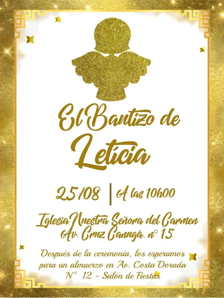 Invitación Bautizo Fondo – tema Bautismo amarillo, blanco, dorado, angelitos, brillo, corazón