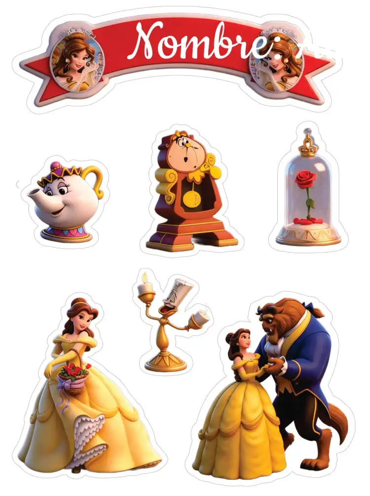 Invitación La Bella y la Bestia 3D – tema Topper de torta colores vibrantes, estilo lúdico, elementos de cuento de hadas, diseño 3D, ilustraciones coloridas
