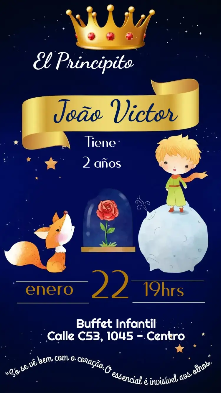 Invitación El Principito – tema Cumpleaños Infantil ilustraciones delicadas, colores pasteles, estilo lúdico, elementos de fantasía, diseño minimalista