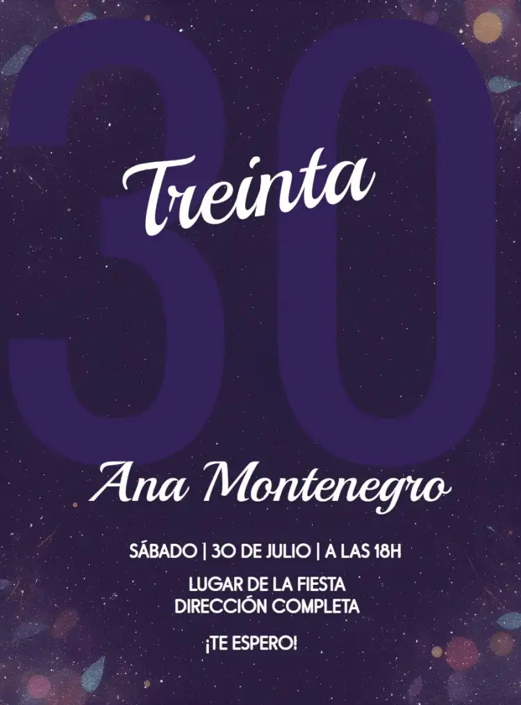 Invitación Morado Treinta Años Treinté – tema 15 años púrpura vibrante, moderno, elegante, festivo, contemporâneo