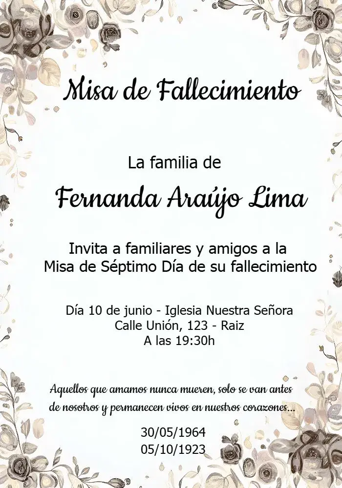 Invitación Misa De Séptimo Día Delicado editable y personalizable