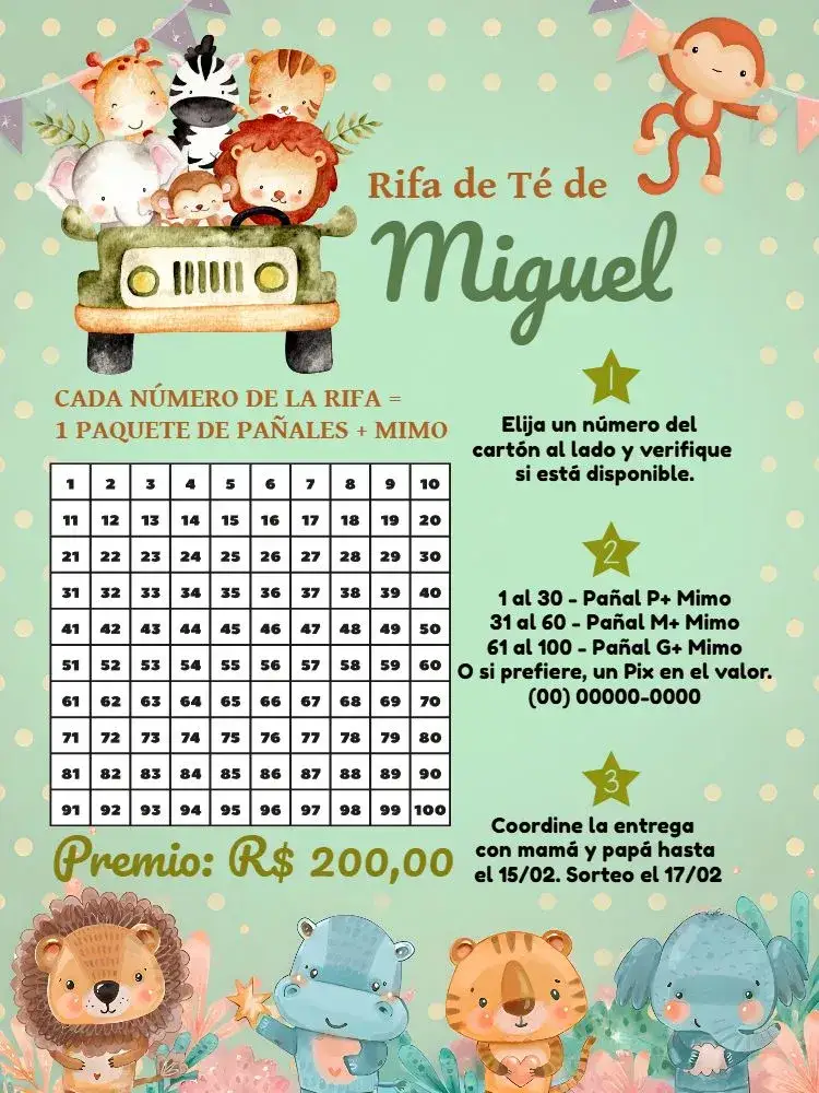 Invitación Té Rifa Safari Verde – tema Más buscados safari, colorido, lúdico, estampado animal, divertido, moderno