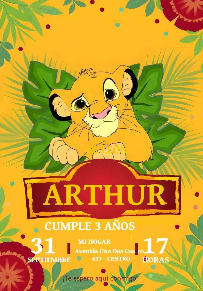 Invitación La Fiesta del Rey León – tema Cumpleaños Infantil colorido, animales de la sabana, vibrante, divertido, temático, infantil
