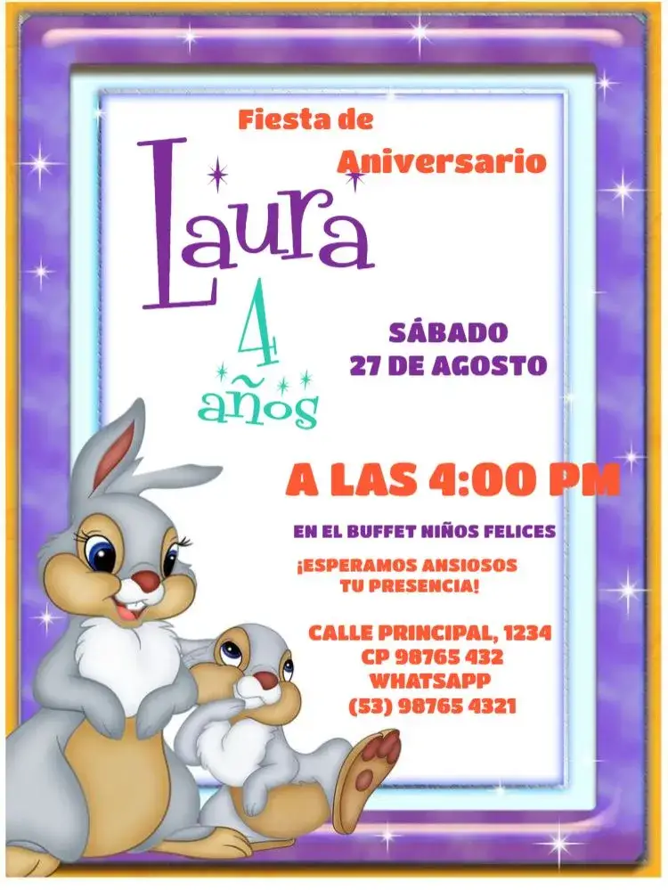 Invitación Conejos Para Editar Infantil – tema 15 años colorido, lúdico, animales, fiesta temática, divertido, alegre