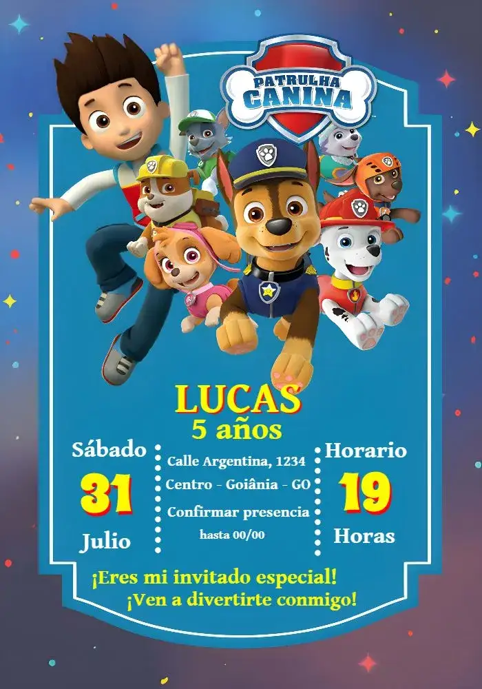 Invitación Patrulla Canina Blanco – tema Cumpleaños Infantil colorido, divertido, temático, infantil, animado