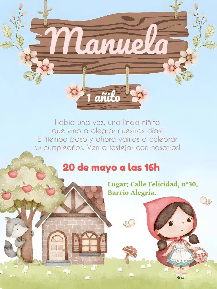 Invitación Caperucita Roja Abuelita – tema Más buscados acuarela, infantil, colorido, lúdico, temático, fantasía