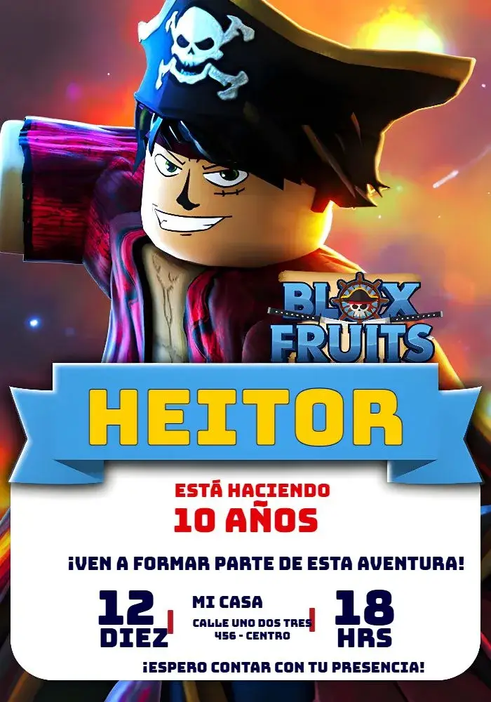 Invitación Blox Fruits Pirata editable y personalizable