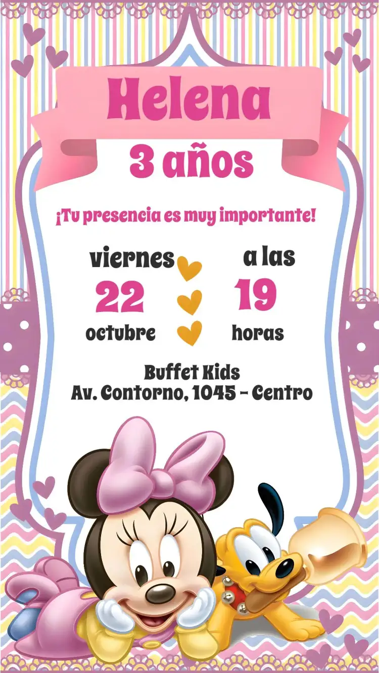 Invitación Minnie – tema Cumpleaños Infantil colores pasteles, estilo lúdico, elementos gráficos de Disney, diseño colorido, toque vintage, fiesta encantada
