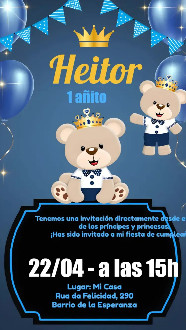Invitación Oso Príncipe Bebé – tema Fechas Conmemorativas azul, dorado, blanco, infantil, tierno, realeza