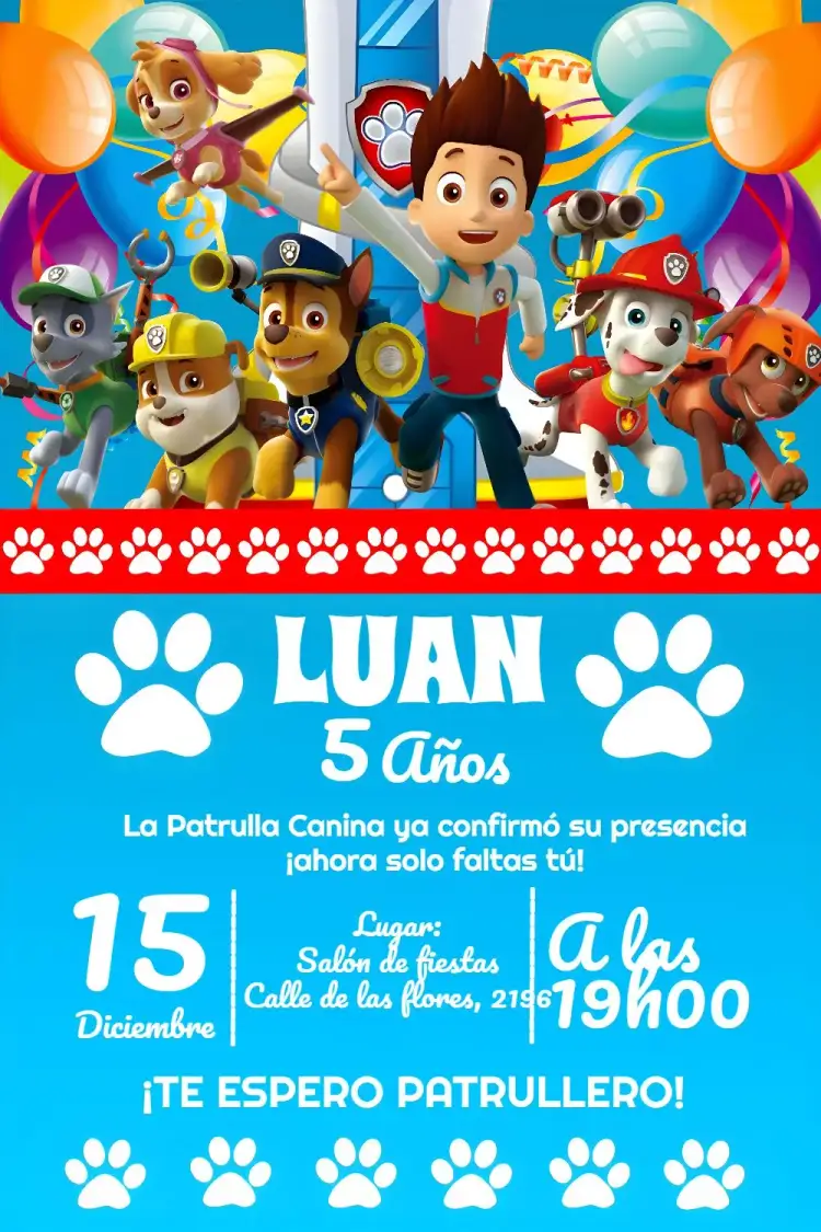 Invitación Fiesta Patrulla Canina – tema Cumpleaños Infantil temática infantil, colores vibrantes, diseño divertido, elementos de la Patrulla Canina, estilo moderno, ilustraciones coloridas