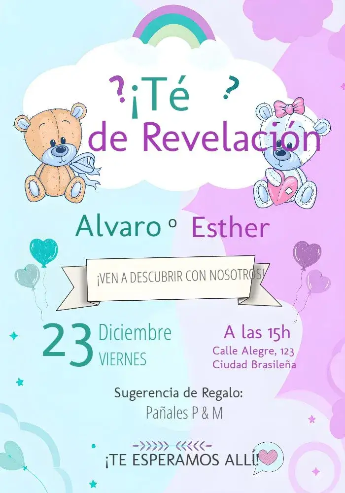 Invitación Baby Shower Ositos Ositas – tema Revelación Bebé colorido, divertido, tierno, ilustraciones de animales, pastel, infantil