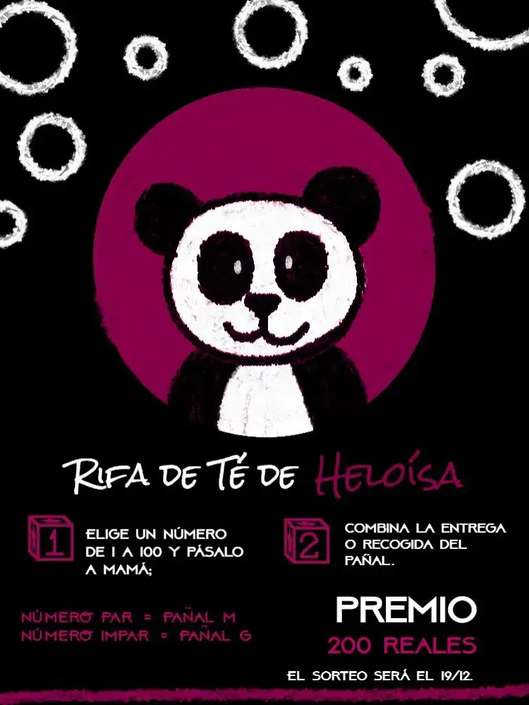 Invitación Té Rifa Panda Osito – tema Té Rifa panda, rosa y negro, poá, infantil, divertido, delicado