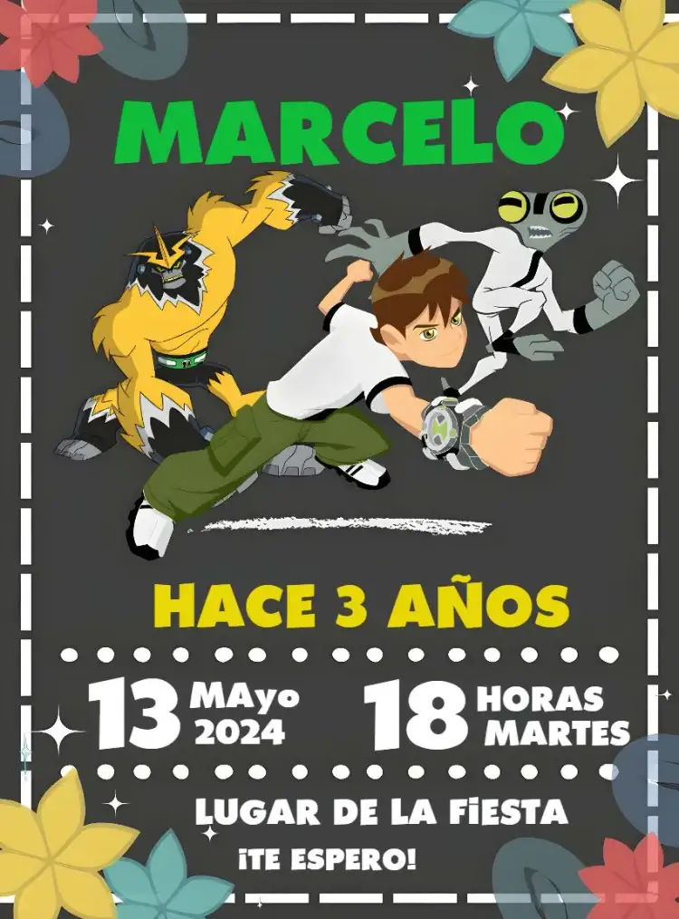Invitación Ben 10 Omnitrix – tema Cumpleaños Infantil colores vibrantes, estilo divertido, elementos de superhéroe, gráficos animados, diseño moderno, inspirado en dibujos animados