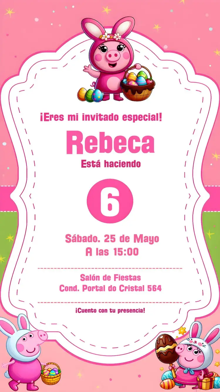 Invitación Peppa Pig Conejita Pastel – tema Fechas Conmemorativas colorido, infantil, lúdico, diversión, conejo, fiesta temática