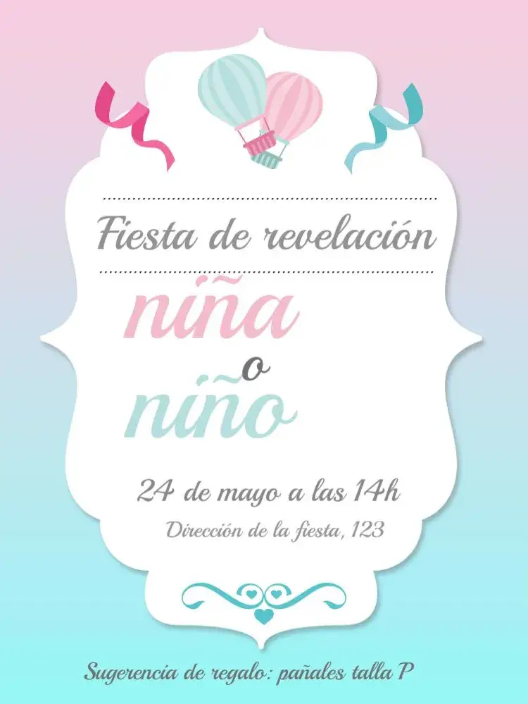 Invitación Baby Diaper Reveal Tea Party – tema Revelación Bebé rosa y azul, globos y confeti, globos de colores, delicados arabescos, corazón alegre