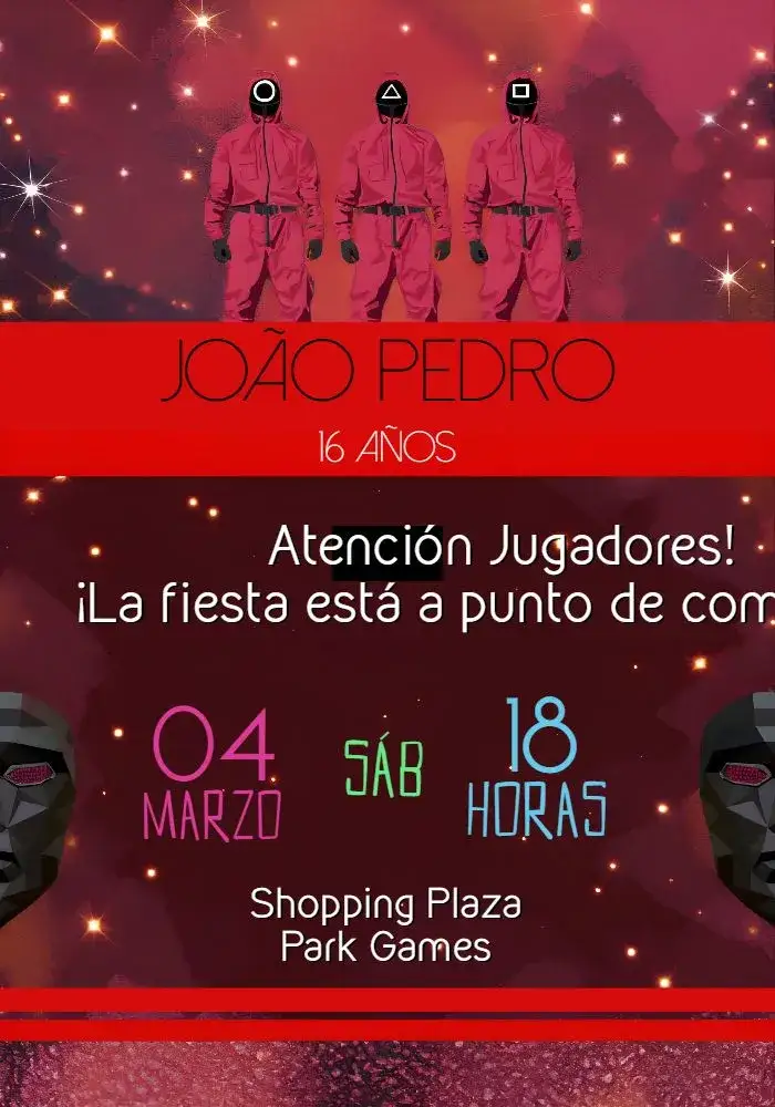 Invitación Round 6 Fiesta – tema Cumpleaños Infantil temática de juegos, colores vibrantes, elementos gráficos divertidos, estilo moderno, diseño interactivo, inspirado en series