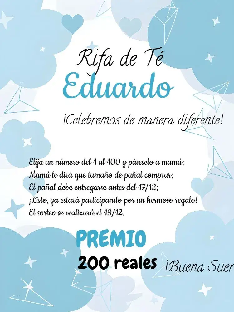 Invitación Té Rifa Nube Cha – tema Té Rifa nubes, azul y blanco, aviones, corazones, estrellas, moderno