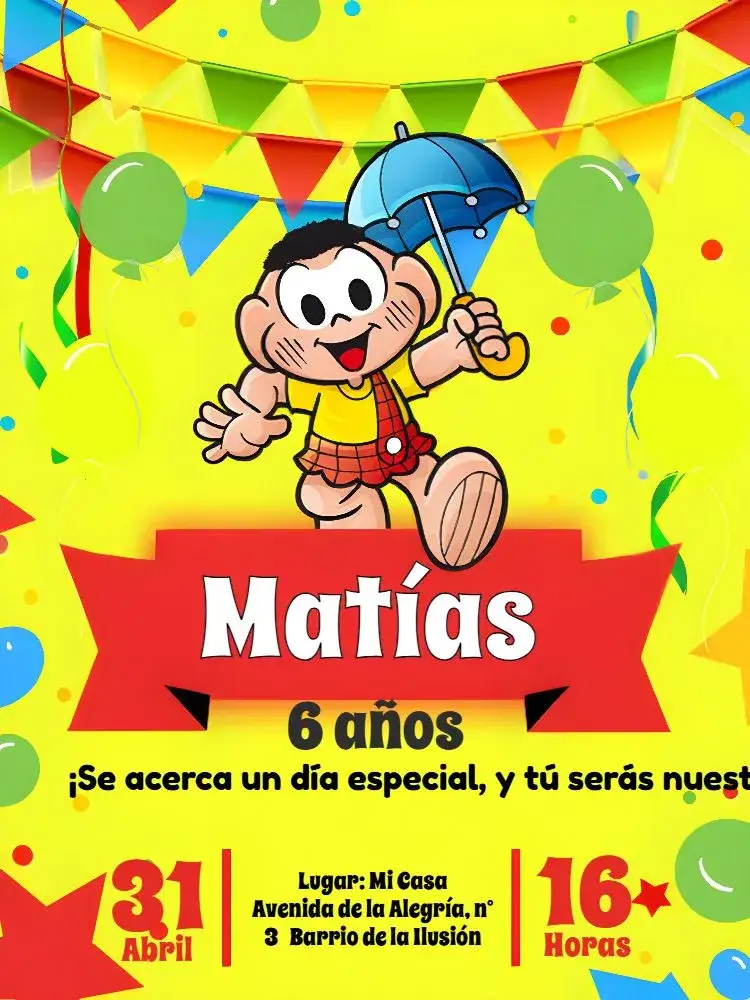 Invitación Cascão Turma Da Mônica Amarillo – tema Cumpleaños Infantil colorido, divertido, infantil, carnaval, moderno