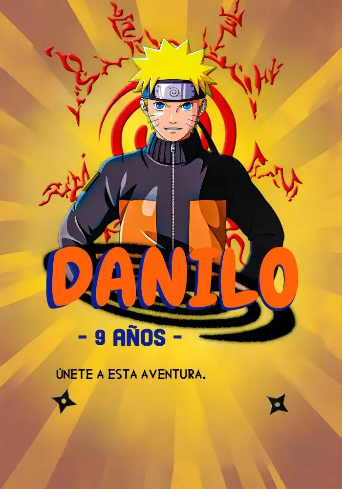 Invitación Naruto Narutoshippuden – tema Cumpleaños Infantil anime, manga, colores vibrantes, estilo divertido, elementos gráficos de ninja, temática otaku