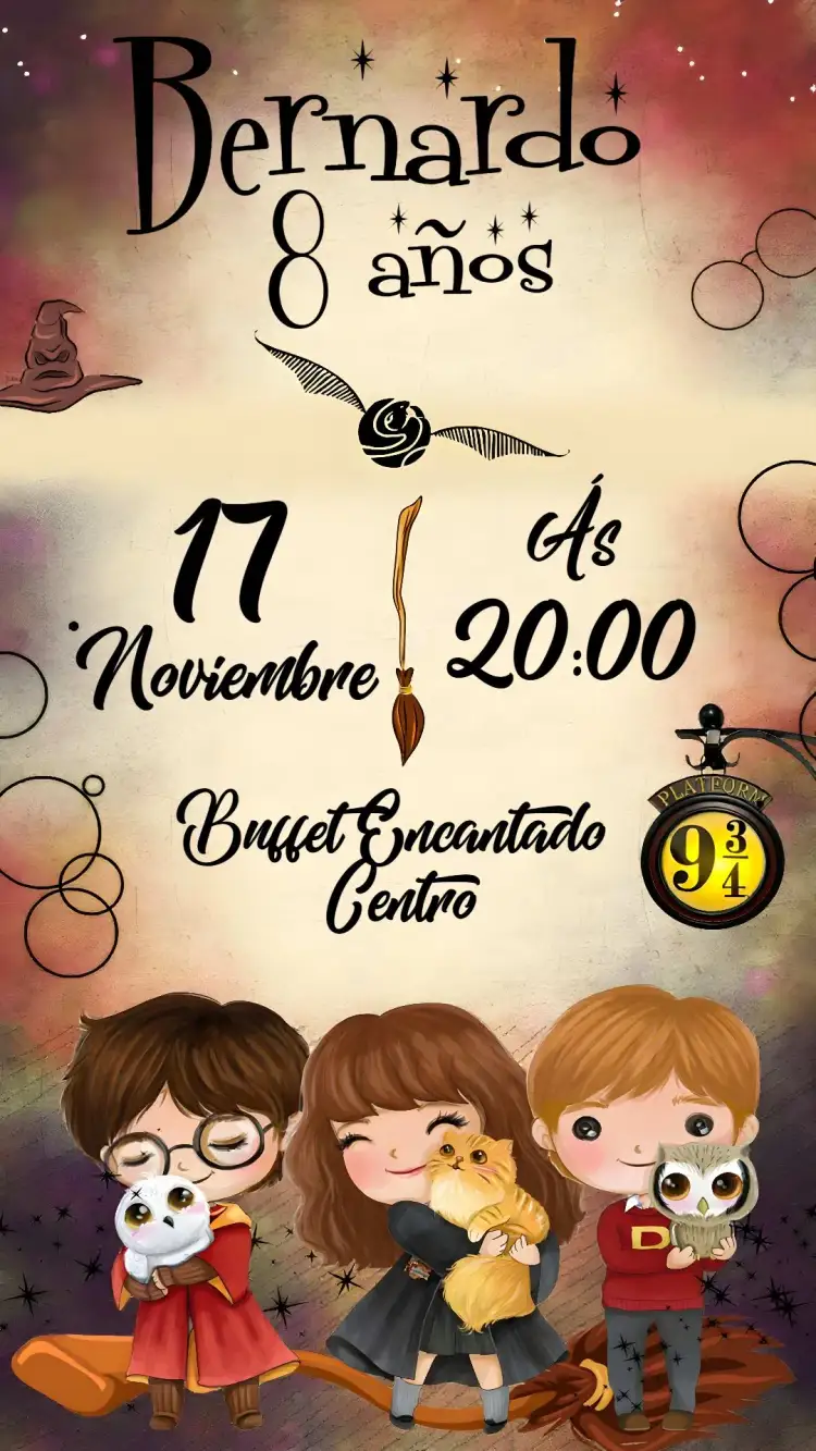 Invitación Harry Potter Hogwarts – tema Cumpleaños Infantil mágico, acuarela, fantasía, colorido, temático, infantil