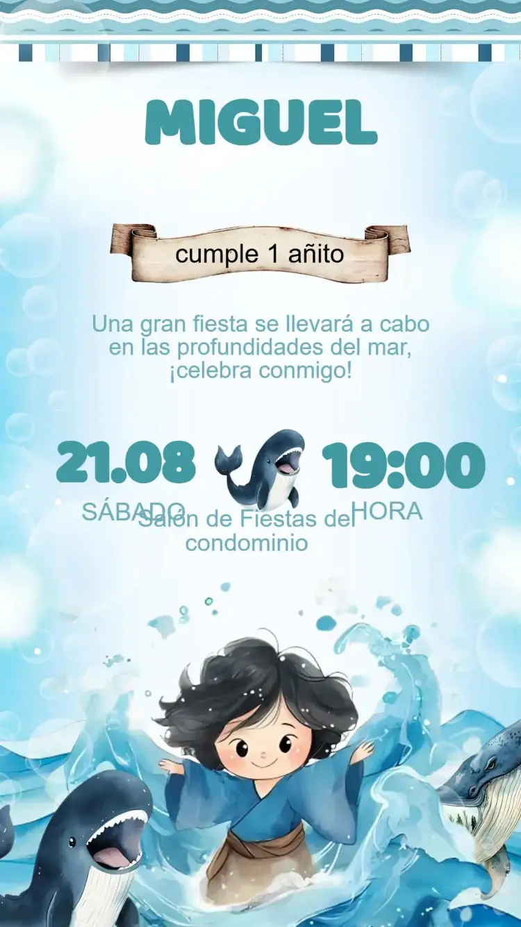 Invitación Invitación Cumpleaños Jonas y la Ballena – tema Cumpleaños Infantil marino, acuático, infantil