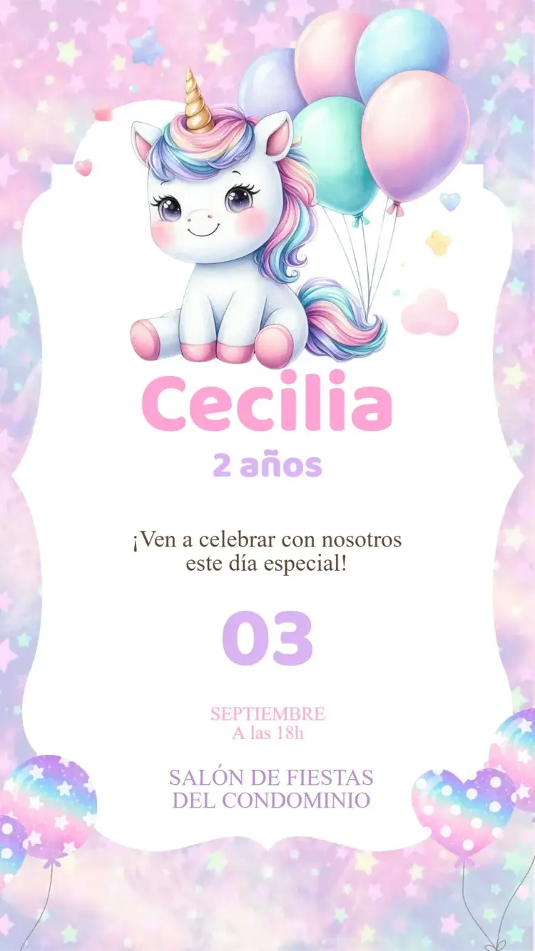 Invitación Invitación Cumpleaños Unicornio – tema Cumpleaños Infantil colores pasteles, ilustraciones de unicornios, estilo lúdico, detalles brillantes, elementos mágicos