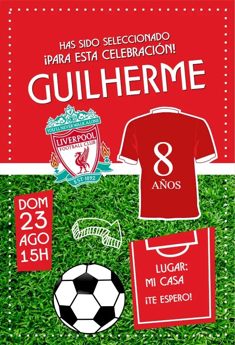 Invitación Camiseta Liverpool – tema Cumpleaños rojo y blanco, moderno, deportivo, vibrante, divertido, temático