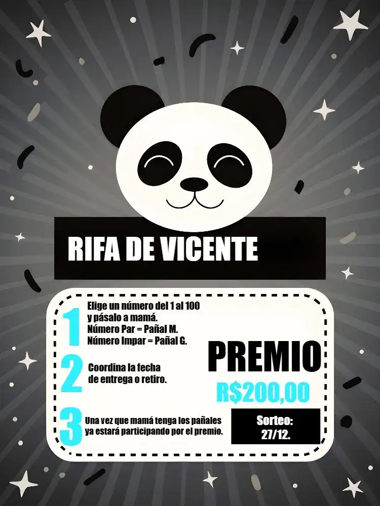 Invitación Té Rifa Oso Panda – tema Té Rifa rayas, animales, minimalista, divertido, infantil