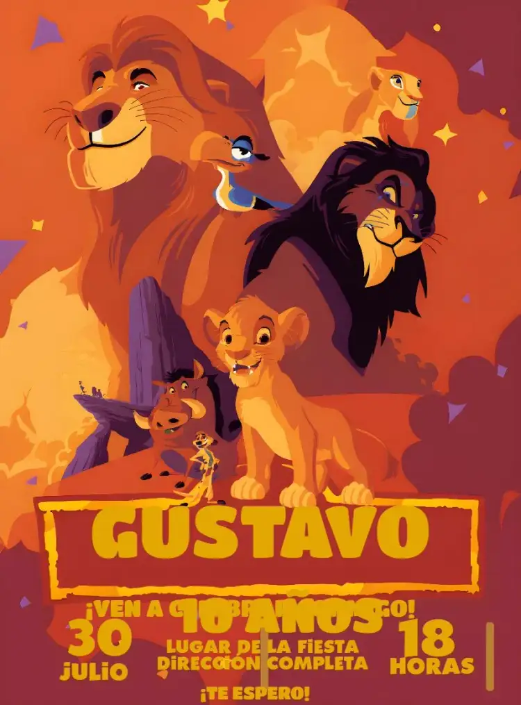 Invitación Rey León Timón – tema Cumpleaños Infantil selva, colorido, animales, divertido, infantil, aventura