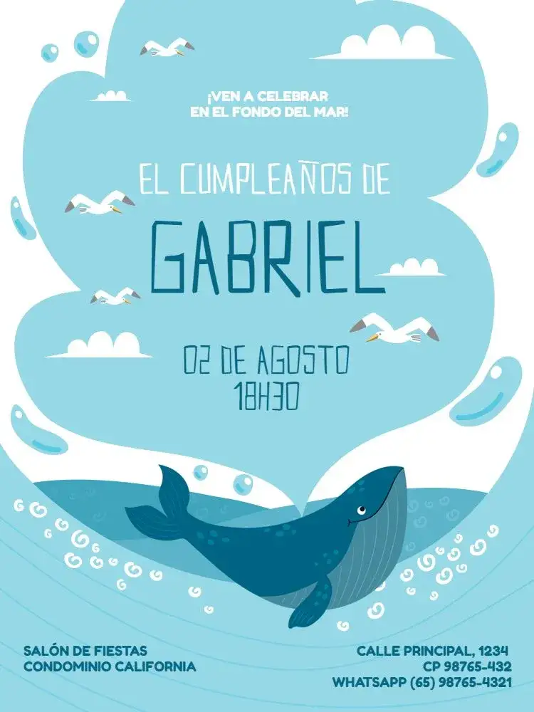 Invitación S De Ballena Azul Mar – tema Cumpleaños Infantil azul marino, lúdico, azul claro, ilustraciones infantiles, naturaleza, aguamarina