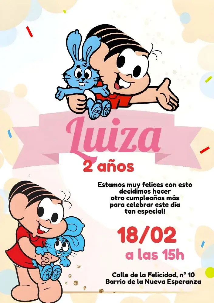 Invitación Turma Da Mónica Blanca – tema Cumpleaños Infantil blanco, rosa, rojo, divertido, infantil, colorido