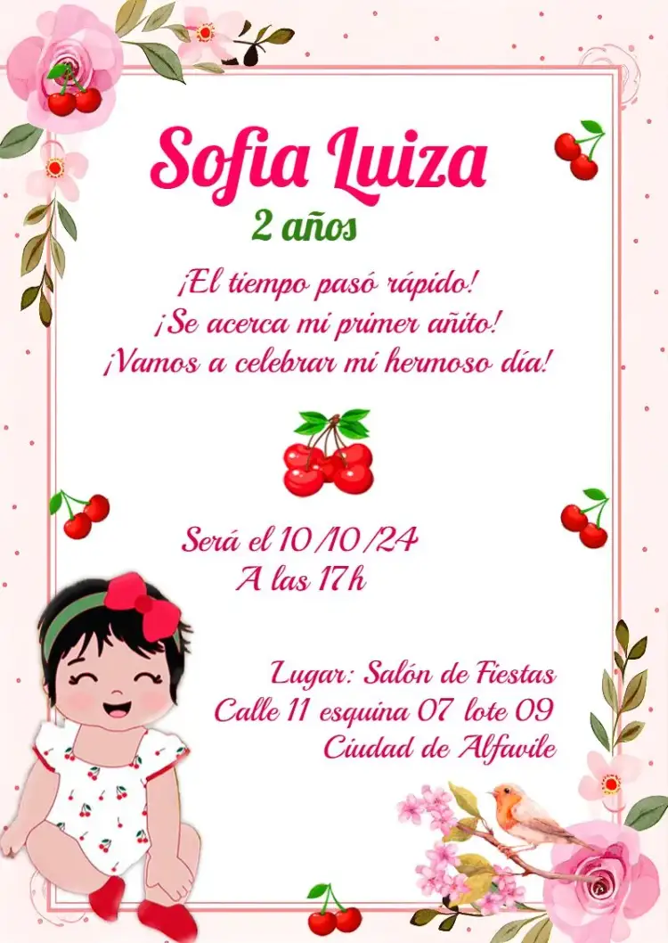 Invitación Cereza Floral – tema Más buscados floral, infantil, colorido, delicado, moderno, brincalhão