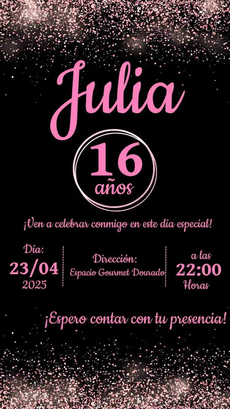 Invitación 15 Años Rosa Oro Negro – tema 15 años rosado, dorado, negro, purpurina, lujoso, elegante