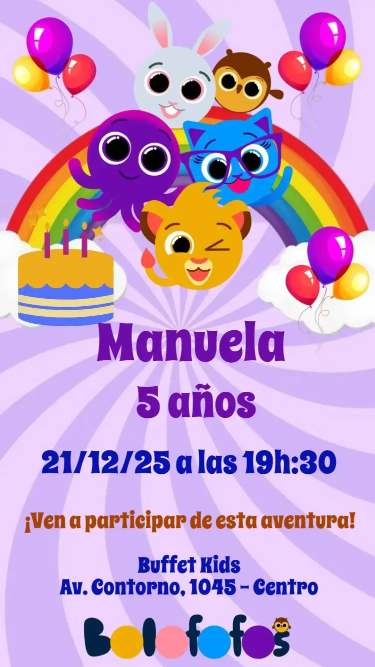 Invitación Bolofufos – tema Cumpleaños Infantil colorido, juguetón, fantasía, divertido, ilustraciones infantiles, temática alegre