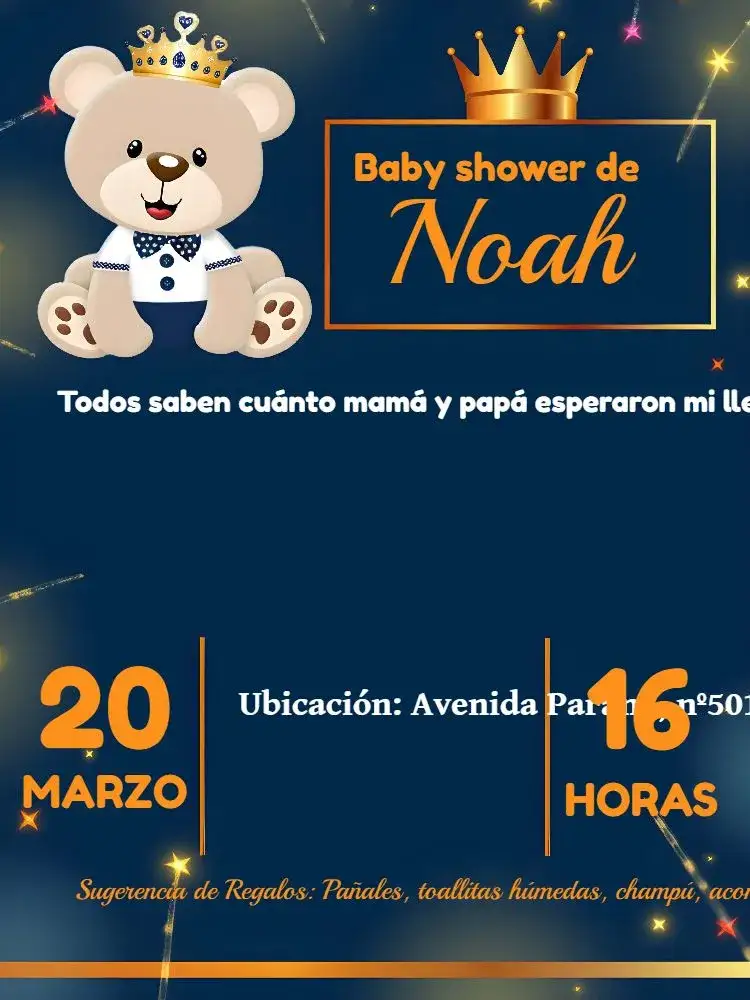 Invitación Baby Shower Príncipe Oso Príncipe Príncipe – tema Baby Shower azul, dorado, realeza, lúdico, fofo, infantil