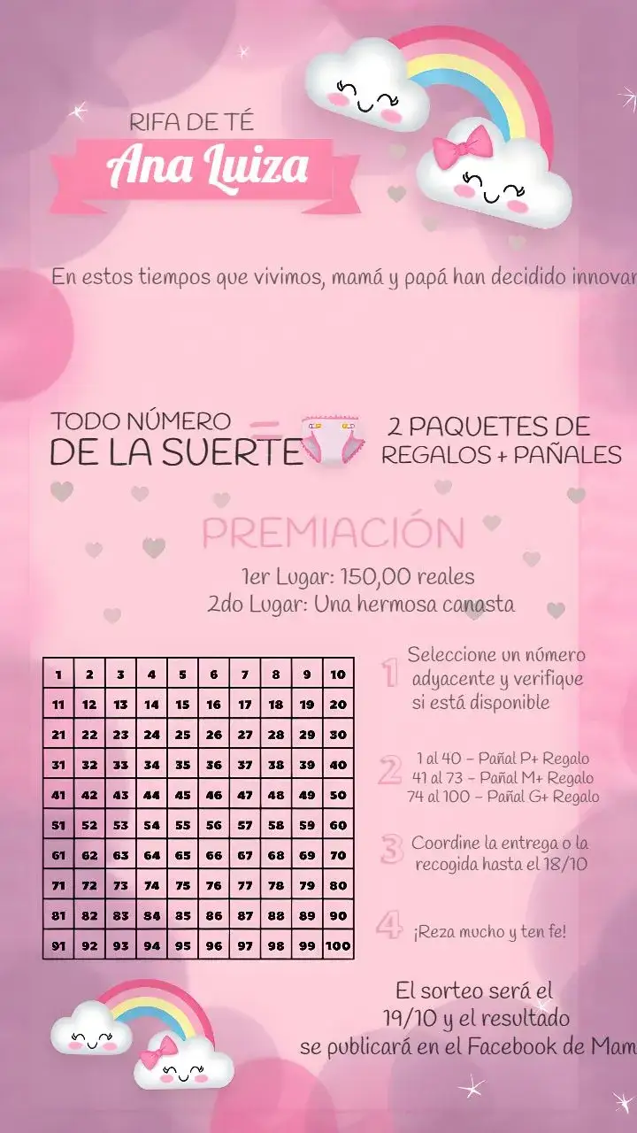 Invitación Té Rifa Lluvia De Amor Niña – tema Té Rifa rosa claro, gris, arcoíris, tierno, delicado, infantil