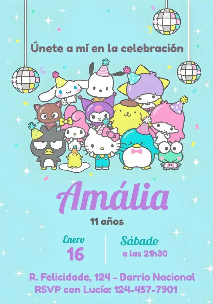 Invitación Hello Kitty Y Amigos Melody – tema Más buscados divertido, colorido, infantil, temático, fofo