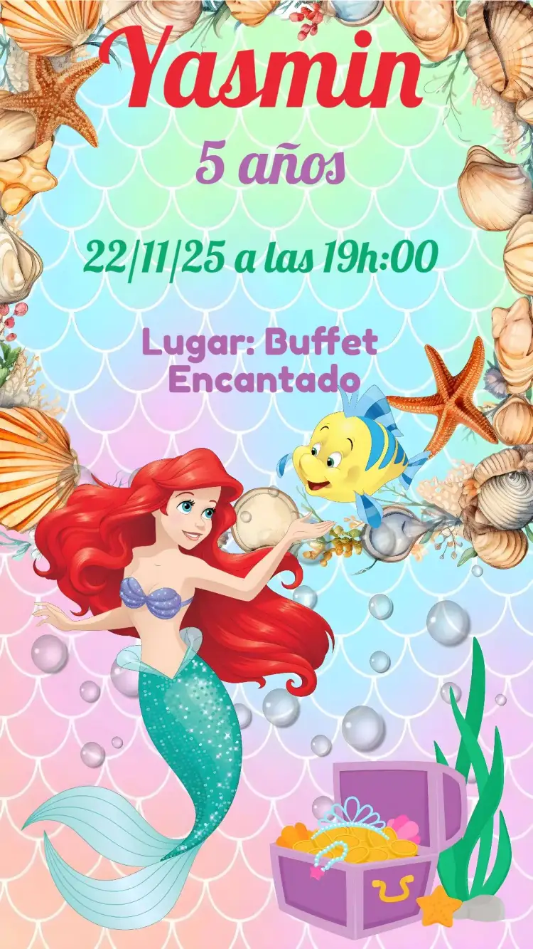 Invitación Sirena Ariel – tema Cumpleaños Infantil fondo marino, colores vibrantes, elementos marinos, estilo lúdico, fantasía, ilustraciones divertidas